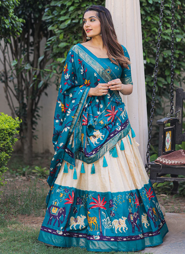 Firozi Blue Patola Printed Dola Silk Foil Work Lehenga Choli